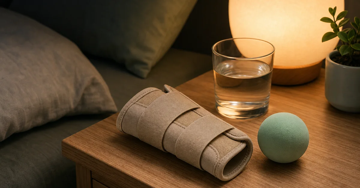 Frau reibt sich im abgedunkelten Schlafzimmer nachts das kribbelnde Handgelenk der eingeschlafenen Hand