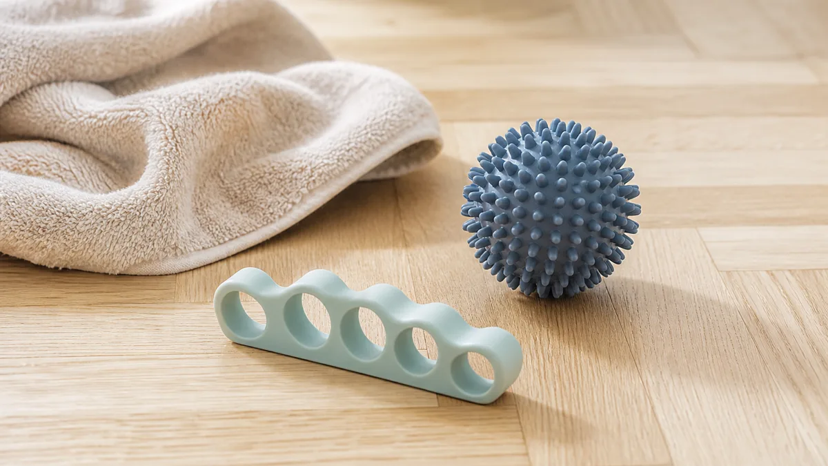 Nahaufnahme eines nackten Fusses mit Ballenzeh, daneben eine Hand, die die Grosszehe für eine Fussübung abspreizt