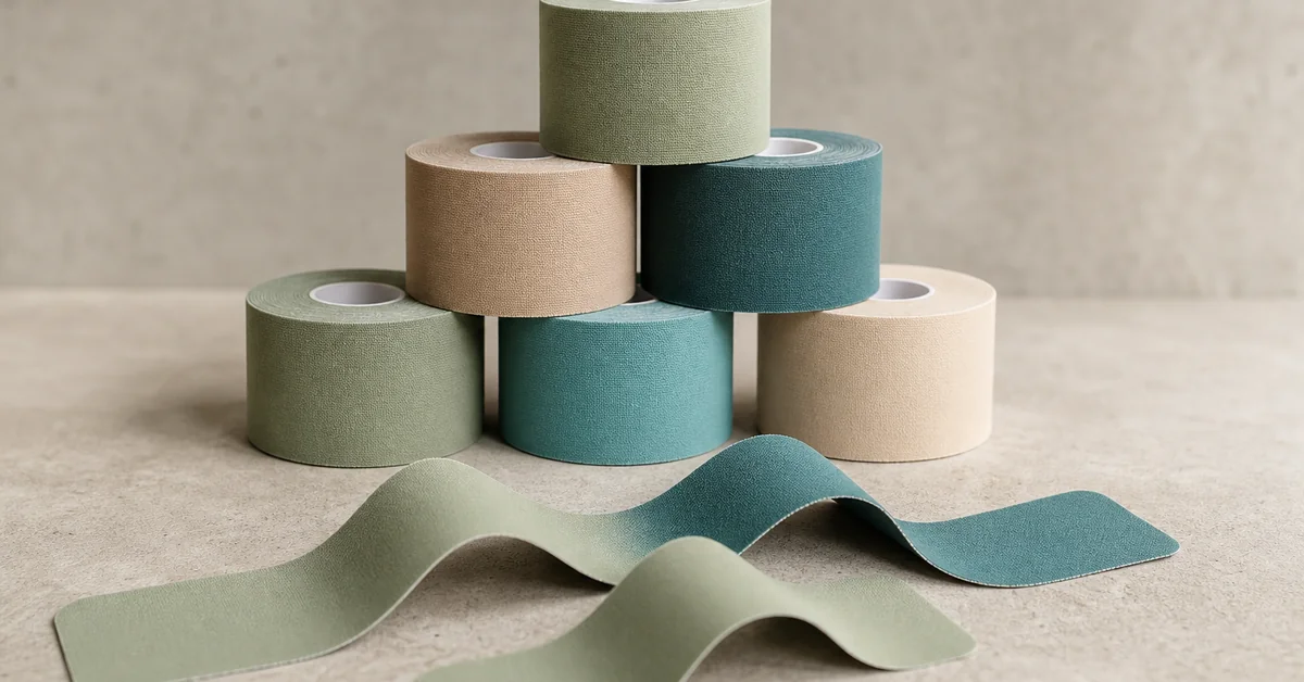 Blaues und pinkes Kinesiotape in Streifen auf einer Schulter und einer Wade, daneben eine Rolle elastisches Tape