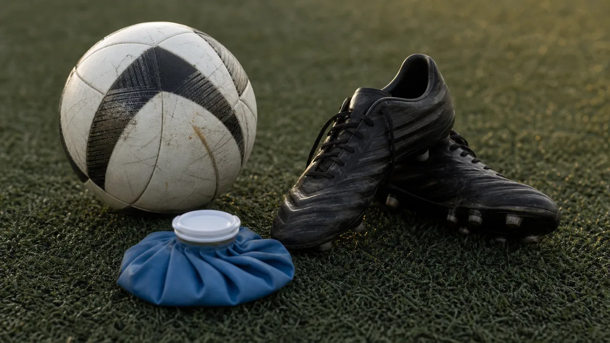 Jugendlicher Fussballspieler fasst sich beim Training an das schmerzende Knie unterhalb der Kniescheibe