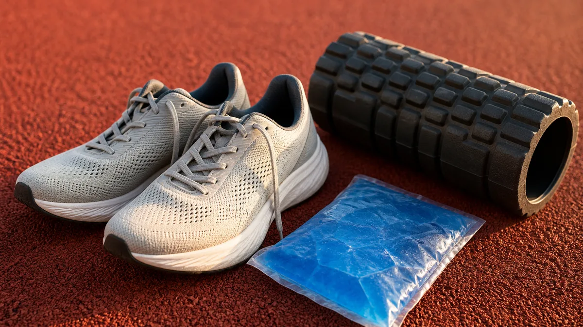 Läuferin fasst sich beim Joggen auf der Strasse an das schmerzende Schienbein